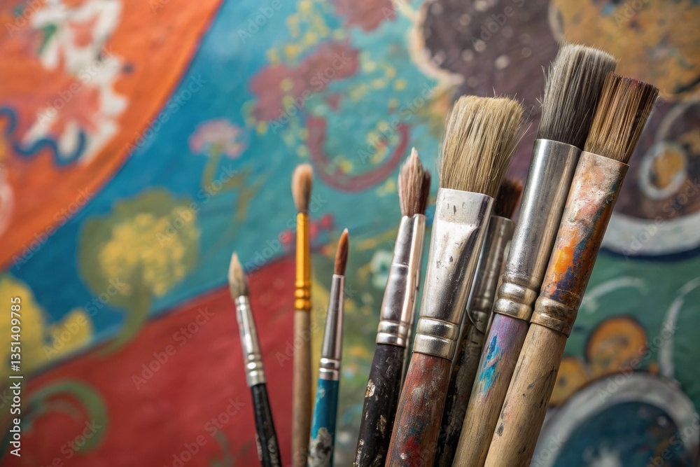 Fototapeta premium Colorful Artist Brushes Arranged Against Vibrant Backdrop Generative AI