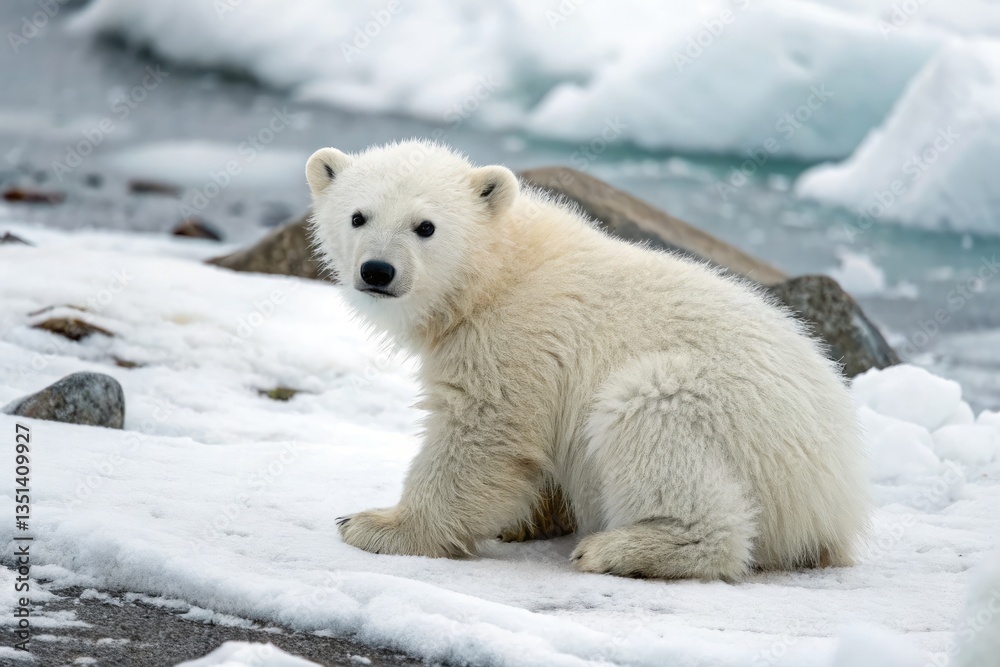 Polar Bear Cub Playing Near Icy Coastline at Sunrise Generative AI Polar Bear Cub Playing Near Icy Coastline at Sunrise Generative AI