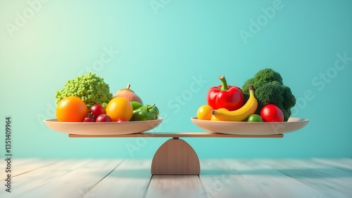 Balanced Diet: Fruits & Vegetables on Scales for Nutrition and Wellness Concepts