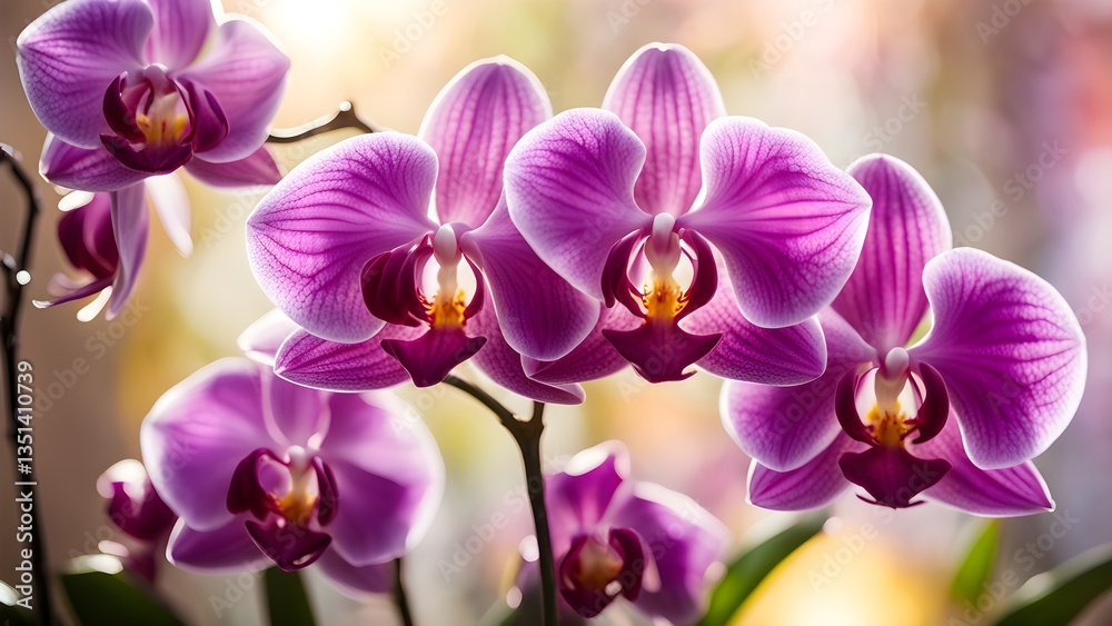 Close-up vibrant purple phalaenopsis orchids bathed soft, warm light. Close-up vibrant purple phalaenopsis orchids bathed soft, warm light.