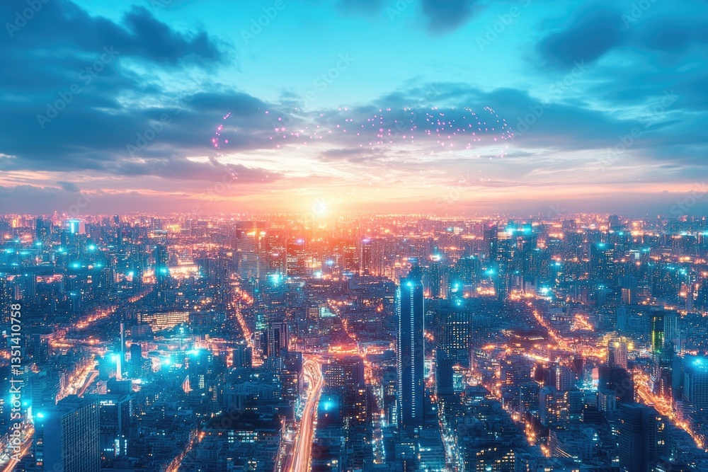 Fototapeta premium A city skyline illuminated by colorful fireworks bursting above, ideal for backgrounds or urban scenes