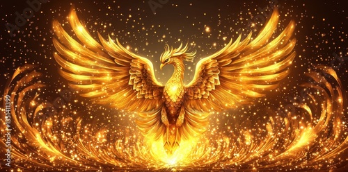 A majestic golden phoenix bird soaring amidst shining sparkles