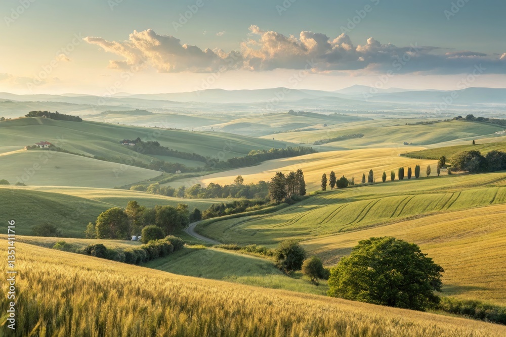 Naklejka premium Rolling Hills and Golden Fields Under a Sunset Sky Generative AI