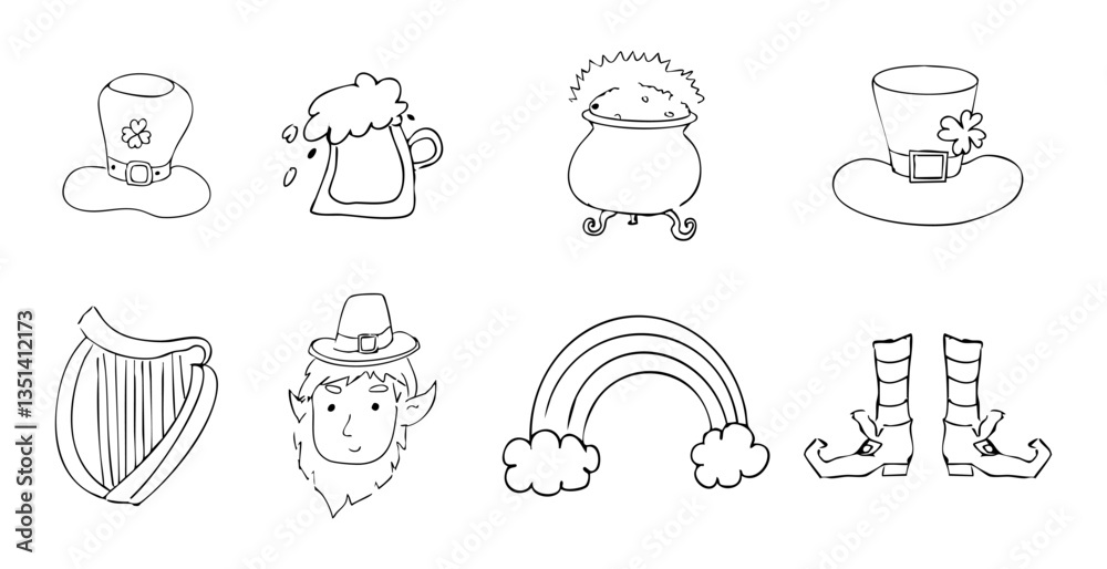 Obraz premium Saint Patrick Day elements decoration doodle set line traditional decorations. Rainbow, harp, coins and lucky clover icon