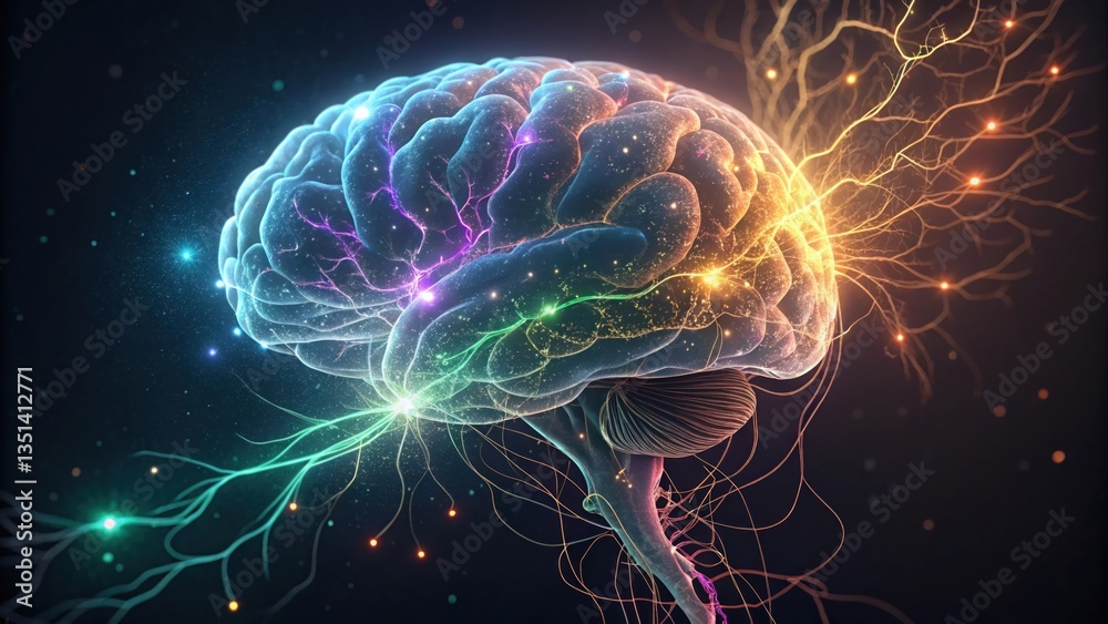 Fototapeta premium Brain visualization, neural network, synapses firing, colorful electrical impulses