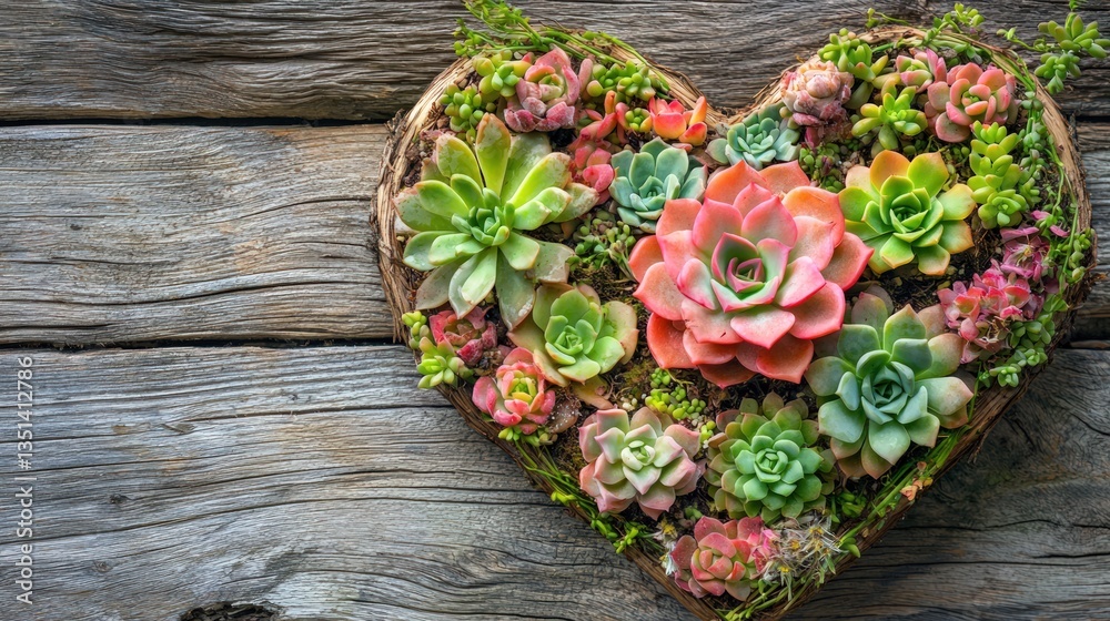 Fototapeta premium Heart Shaped Succulent Planter on Rustic Wood
