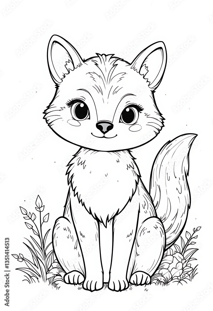 Obraz premium Adorable Fox Cub Sitting in a Grassy Meadow Illustration for Coloring Book Featuring Playful Wildlife and Whimsical Nature Scenes with Detailed Line Art and Expressive Eyes
