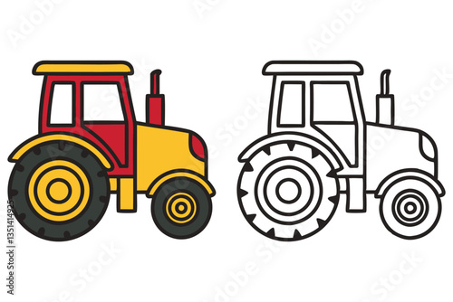 A Colorful Tractor and Its Outline for Coloring A Fun Farm Vehicle Illustration for Kids Activities