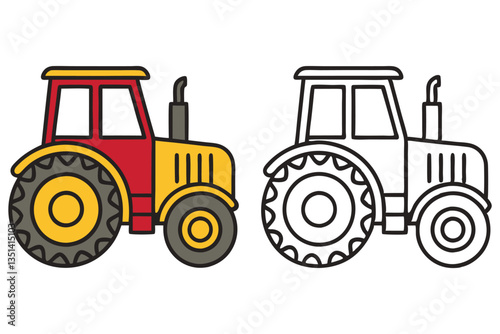 Cartoon Tractor Illustration Red Yellow and Black and White Coloring Page Farm Vehicle