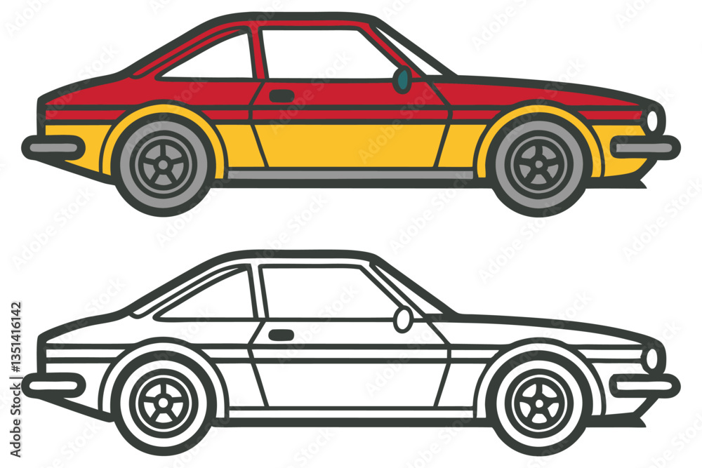 Obraz premium Classic Coupe Car Illustration Two View Red Yellow White Coloring Page