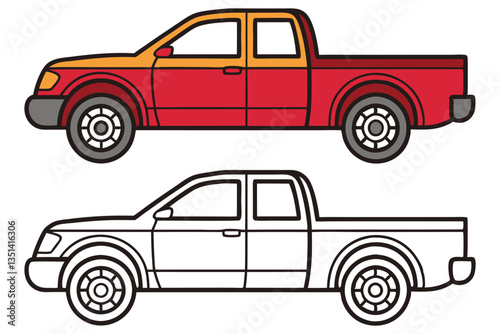A colorful illustration of a red and orange pickup truck and its black and white coloring page version