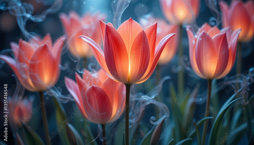 Fototapeta premium Glowing Tulips in Mystical Garden, Enchanted tulips glowing in a magical garden.
