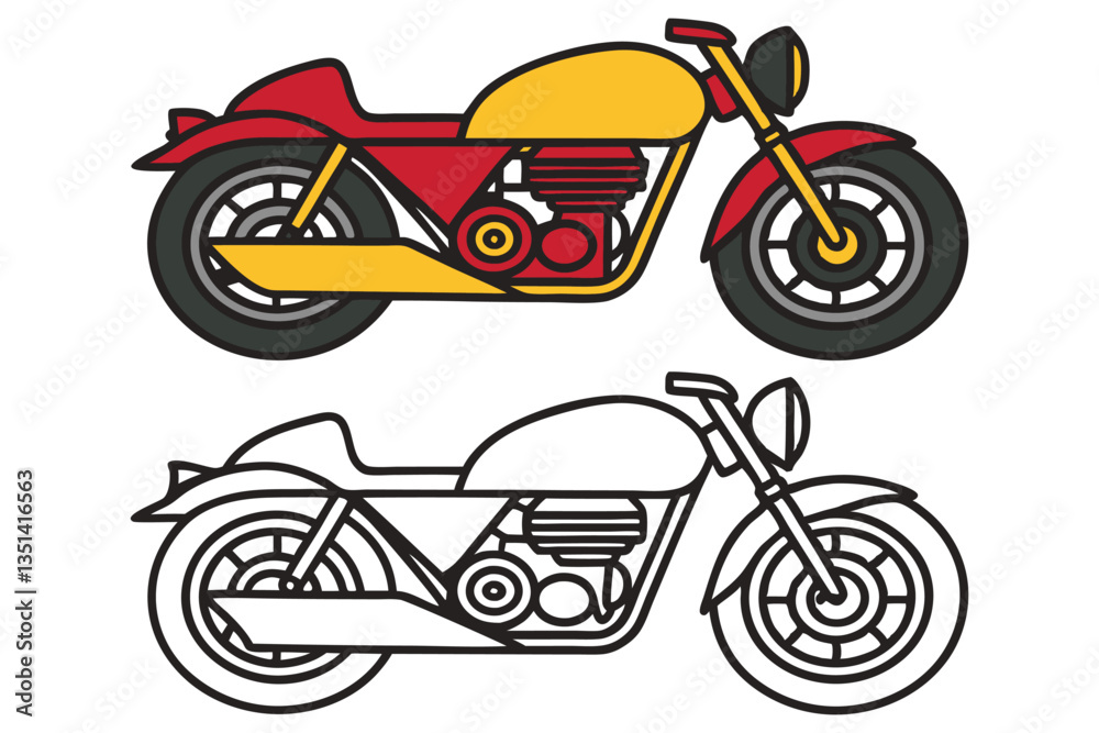 Fototapeta premium Classic Motorcycle Illustration Red Yellow and Black and White Outline Drawing for Coloring Book