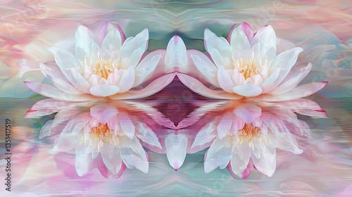 Mirrored lotus flowers float gracefully on a shimmering water surface