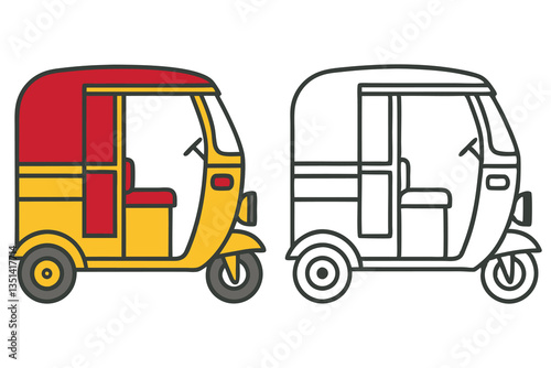 Colorful Illustration of a Three Wheeled Auto Rickshaw or Tuk Tuk Vehicle and its Outline Version