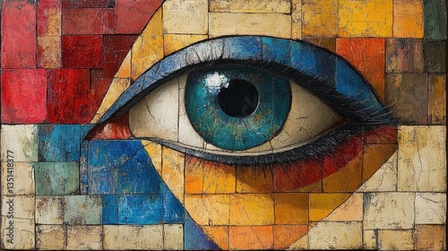 A colorful cubist style eye is centrally portrayed in a artwork