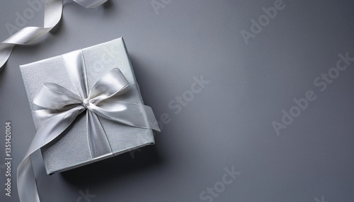Gray Gift Box with Silver Ribbon on Gray Background. Top View of Teacher Day Gifts with Copy Space