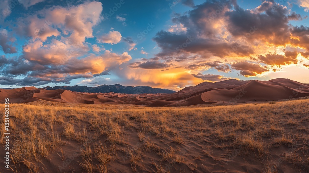 Fototapeta premium Expansive sand dunes meet golden grasslands beneath a dramatic sunset sky with distant mountains