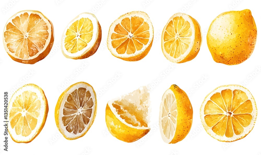 Obraz premium Cute child style watercolor lemon pieces on a white background, Generative AI