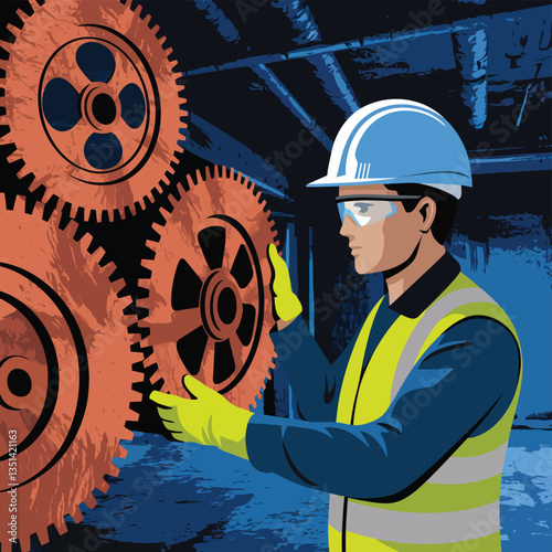 2d vector illustration colorful machine , worker and Industry and its development technology, factories and production lines icon
