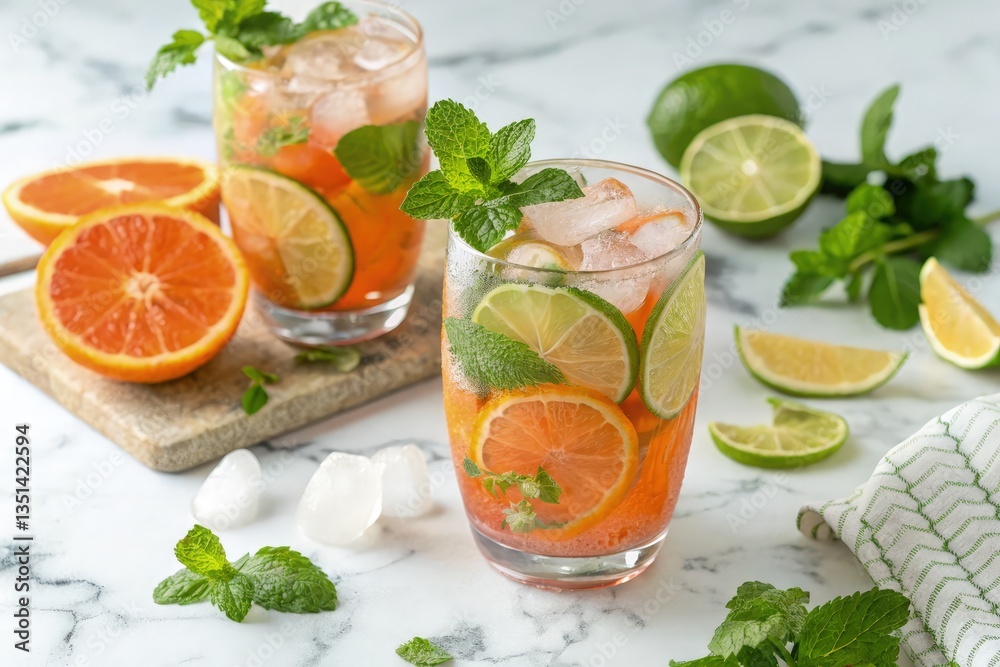Refreshing Citrus Drink With Mint and Ice on Marble Table Generative AI Refreshing Citrus Drink With Mint and Ice on Marble Table Generative AI