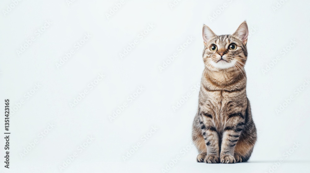 Obraz premium Beautiful American Shorthair cat is sitting on a white background. Looking forward. The cat's eyes are wide open, giving it a curious and alert appearance . Copy space 