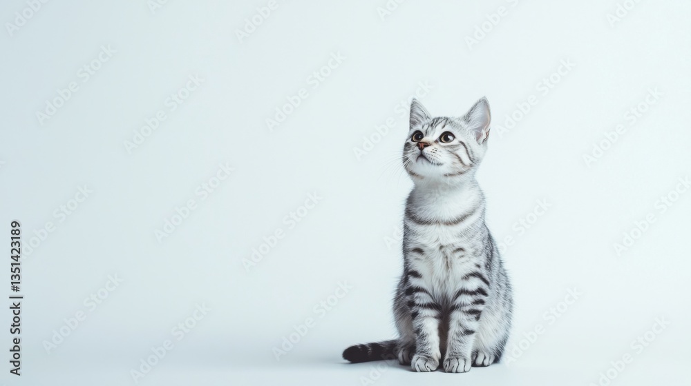 Obraz premium Beautiful American Shorthair cat is sitting on a white background. Looking forward. The cat's eyes are wide open, giving it a curious and alert appearance . Copy space