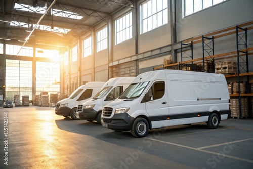 Delivery Vans Parked Inside a Sunny Warehouse During Evening Generative AI