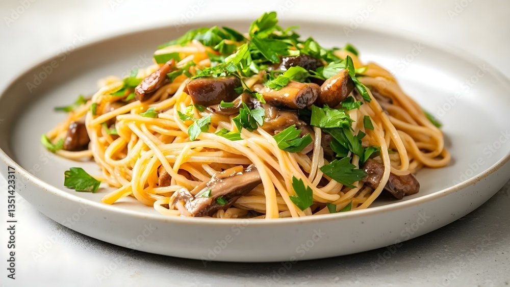 A plate of spaghetti topped with mushrooms and fresh parsley, showcasing a flavorful pasta dish. Concept Spaghetti Dish, Topped with Mushrooms, Fresh Parsley Garnish, Flavorful Pasta A plate of spaghetti topped with mushrooms and fresh parsley, showcasing a flavorful pasta dish. Concept Spaghetti Dish, Topped with Mushrooms, Fresh Parsley Garnish, Flavorful Pasta