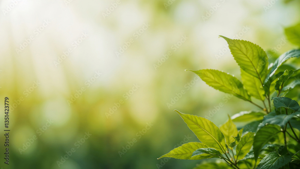 Closeup of healthy green bio background with blurred foliage, sunlight, and copy space for text
