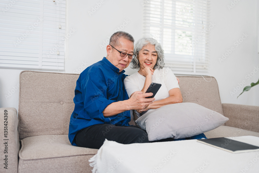 Happy senior couple sitting on sofa looking at smartphone, discussing pension savings and enjoying their time together. Happy senior couple sitting on sofa looking at smartphone, discussing pension savings and enjoying their time together.
