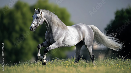 Majestic Grey Horse Galloping in a Lush Green Field photo