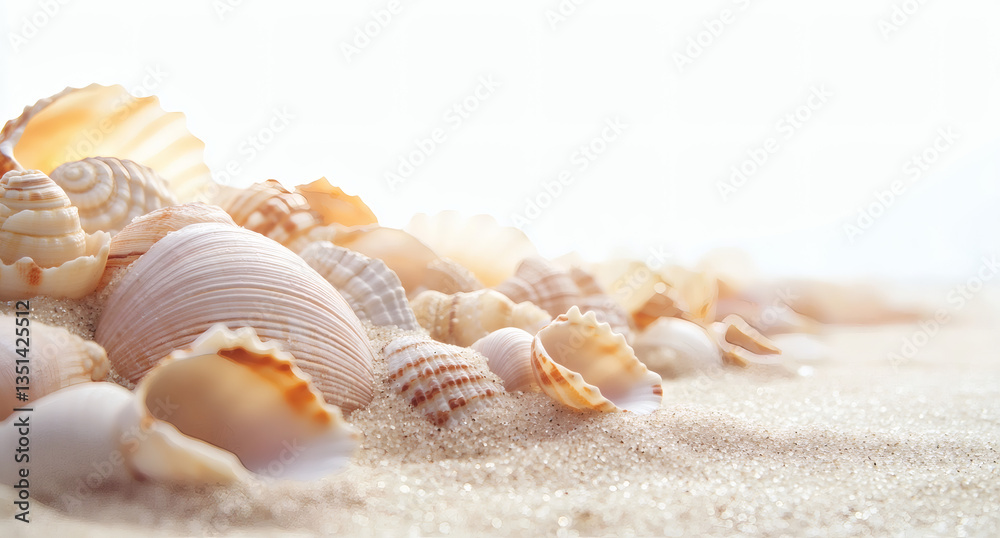 Seashells on Sandy Beach in Bright Sunlight Seashells on Sandy Beach in Bright Sunlight