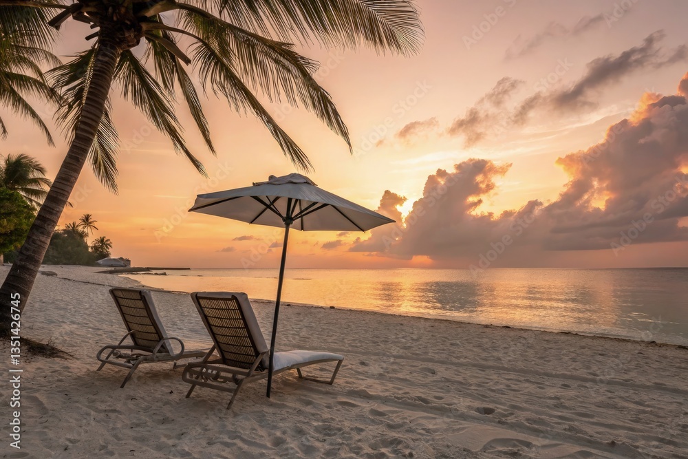 Serene Beach Sunset With Lounge Chairs Under an Umbrella Generative AI Serene Beach Sunset With Lounge Chairs Under an Umbrella Generative AI