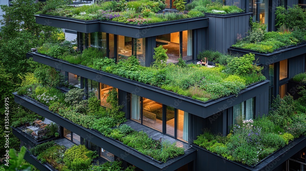 Modern apartment building showcasing lush greenery and rooftop gardens well Modern apartment building showcasing lush greenery and rooftop gardens well