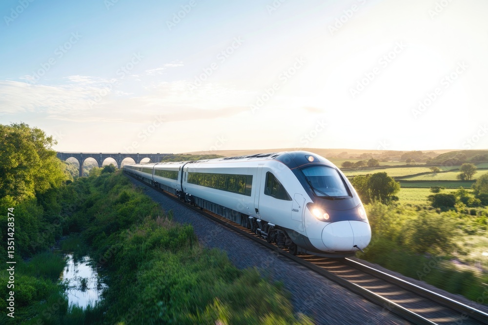 Naklejka premium sleek passenger train glides smoothly along sunlit countryside railway track framed by greenery and clear skies exuding
