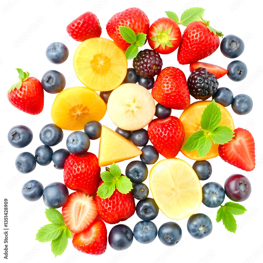 Colorful mix of fresh fruits and berries on a transparent background