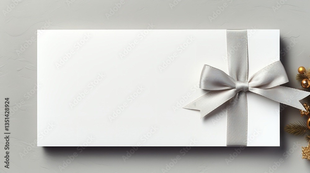White backdrop with a grey ribbon bow and a blank white gift voucher isolated on it, Generative AI. White backdrop with a grey ribbon bow and a blank white gift voucher isolated on it, Generative AI.