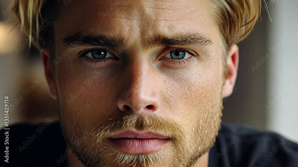 Portrait of a young man with striking blue eyes and stylish hair showcasing deep emotions in a natural light setting Portrait of a young man with striking blue eyes and stylish hair showcasing deep emotions in a natural light setting