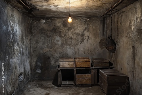 Wallpaper Mural Dark Cellar Room with Wooden Crates and Single Light Bulb Torontodigital.ca