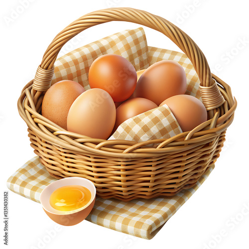 Eggs in Basket: A rustic basket overflowing with fresh, brown eggs, accompanied by a single egg cracked open to reveal its golden yolk, symbolizing freshness and wholesome nutrition.