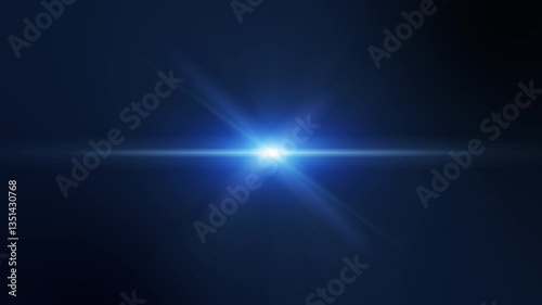 Abstract center flickering blue glow star optical flare shine light ray animation on black background.