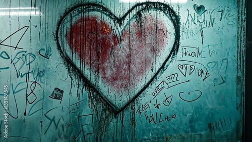 Grungy Heart Graffiti on Glass Window in Urban Environment with Dark Moody Tone