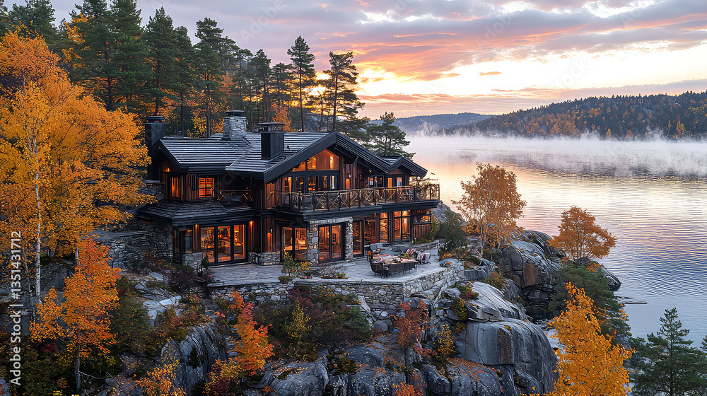 Obraz premium Spectacular Lakefront Autumn House: Luxury Log Cabin nestled in the fall foliage, offering breathtaking views and serene ambiance.