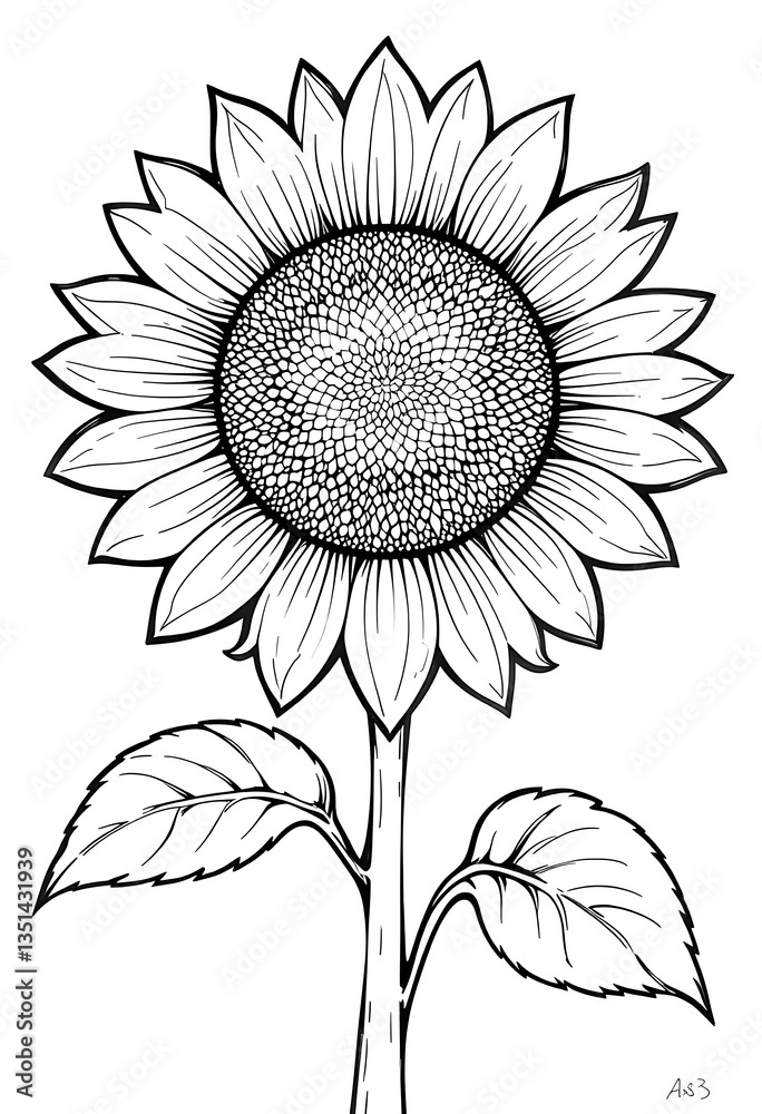 Fototapeta premium Detailed line art illustration of a stunning sunflower with intricate patterns and two leaves, showcasing its beauty and elegance in a black and white design, perfect for coloring books