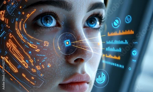 Futuristic woman's face overlaid with digital interface