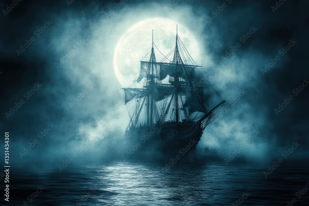 Fototapeta premium Horror-themed ghost ship floating in misty ocean waters