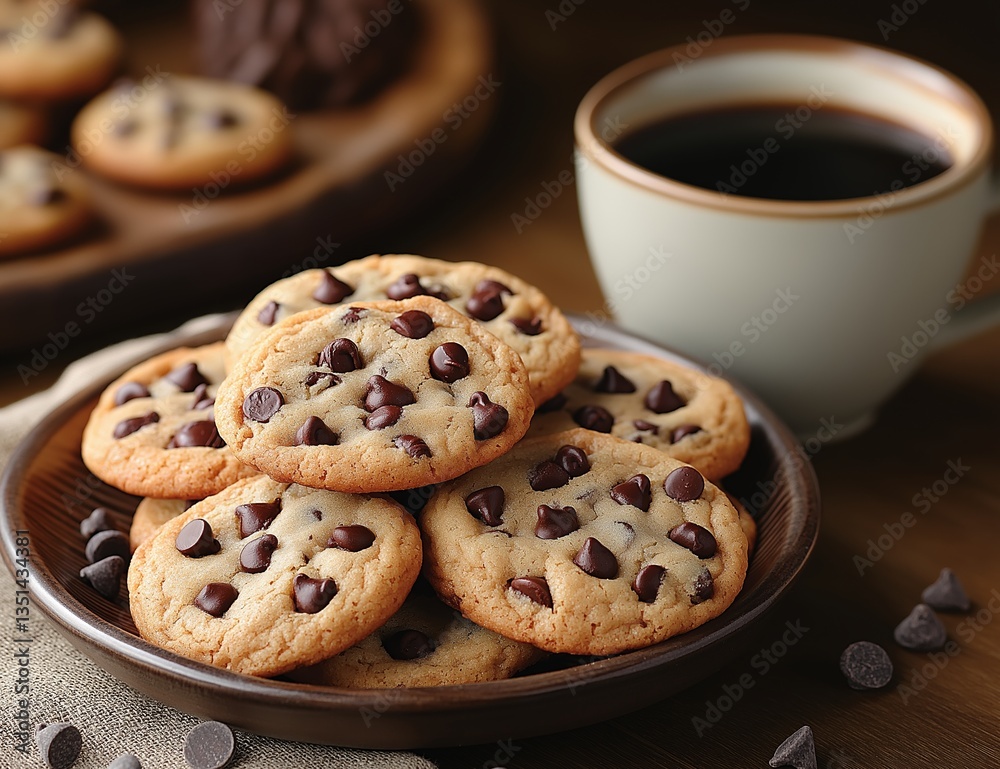 Chocolate chip cookies with a cup of coffee on a wooden table Chocolate chip cookies with a cup of coffee on a wooden table