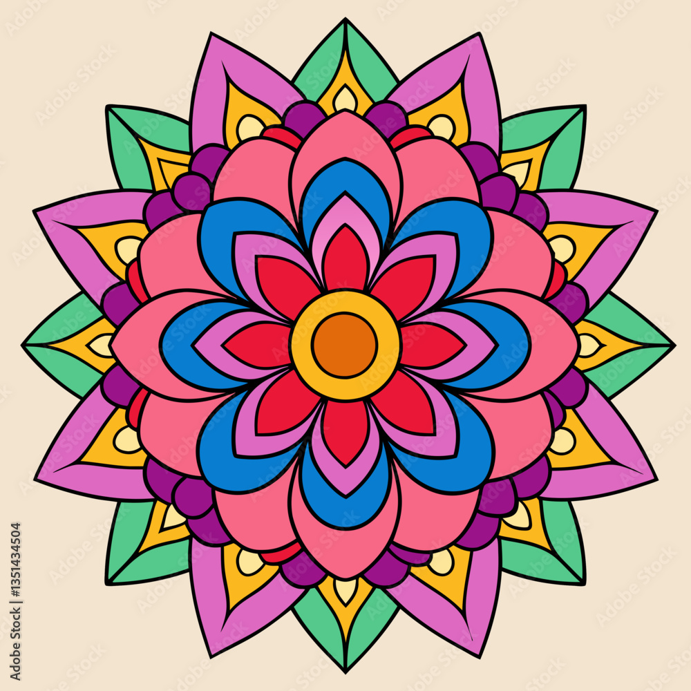 Intricate geometric and floral designs are displayed in this lively circular mandala design.
Intricate geometric and floral designs are displayed in this lively circular mandala design.