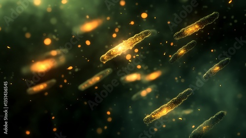 A swarm of bacteria engaging in quorum sensing, glowing as they communicate with each other 